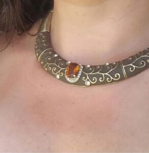 Rare Vintage Brass Gold Bib Scroll Collar Choker Torque Amber Necklace Estate